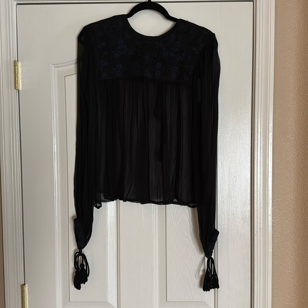 Elegant, sheer black top with blue embroidery on top